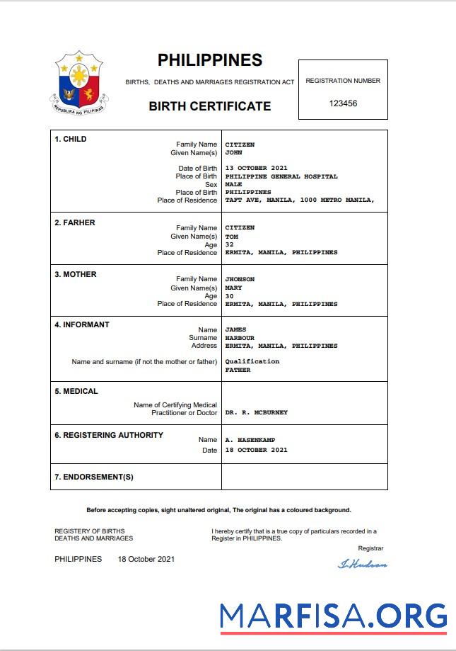 Downloadable Philippines vital record birth certificate Word and PDF template